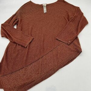 Chicos Lurex Shine Pullover Burnt Orange Metallic Size 2/Med Asymmetrical Hem